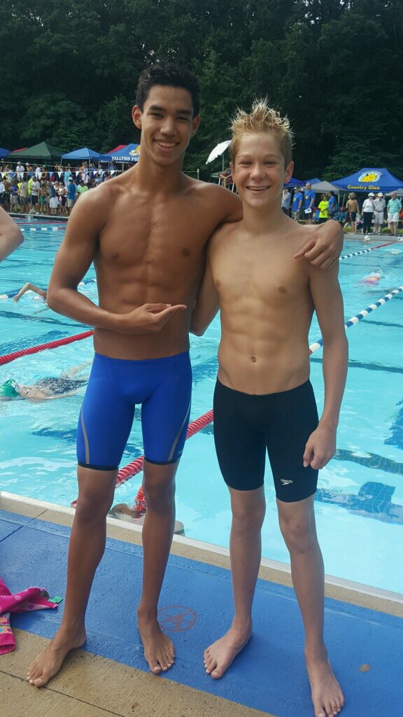 WCF's Noah Garvey congratulating David Fitch on breaking the 11-12 boys 50 BR with a time of 32.79!!!