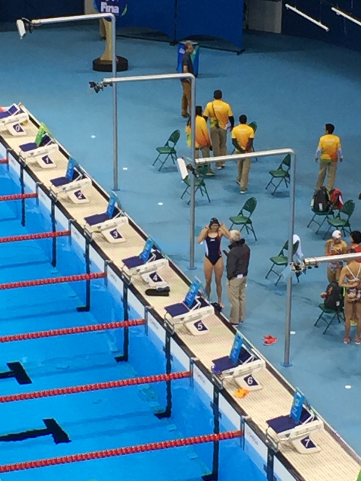 Katie Ledecky and Bruce Gemmell getting ready for warm-ups in Rio